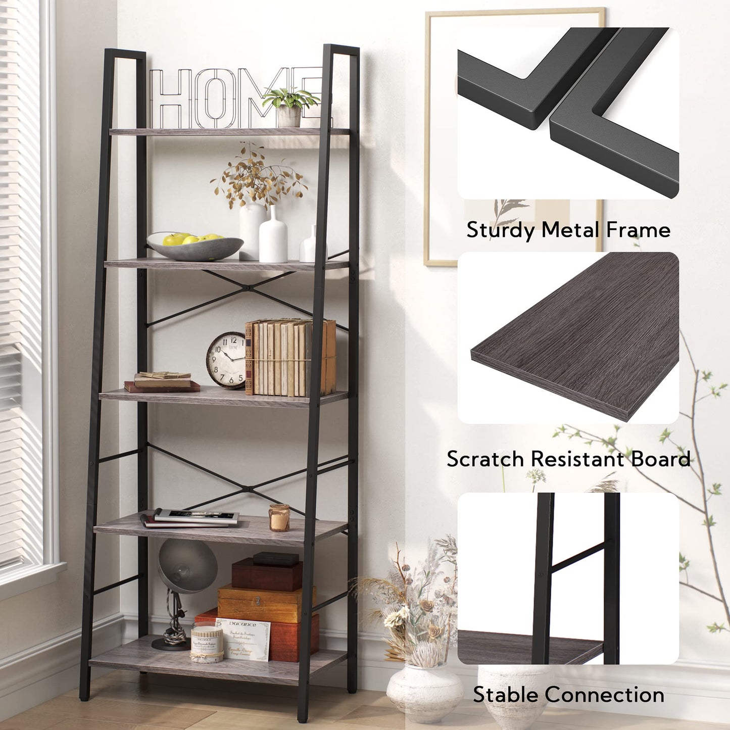Yusong Ladder Bookshelf, Bookshelf Ladder Shelf, 5-Tier Bookshelf for Bedroom, Industrial Book Shelves Storage Rack with Metal Frame for Home Office, Rustic Brown, Gray
