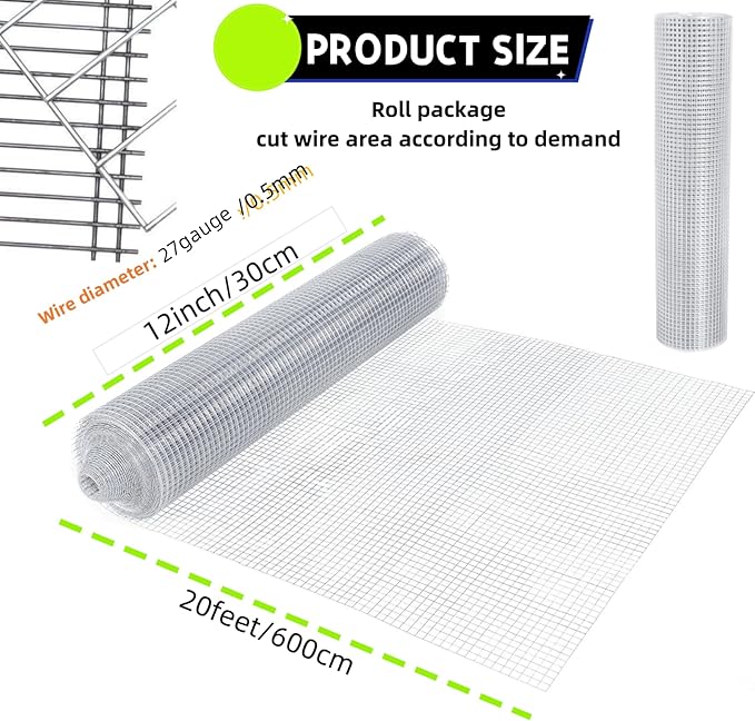 1/2 Inch Hardware Cloth Metal Wire Mesh Fence Roll, 27 Gauge 11.8in x 19.7ft (30x600CM) Hot Dipped Galvanized Chicken Coop Welded Mesh Fence for Poultry Netting Garden Protection