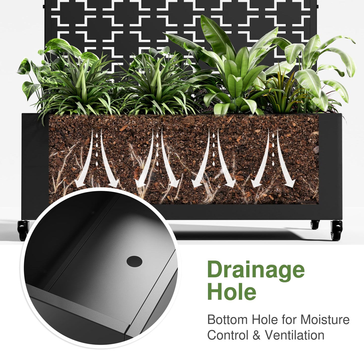 Casaphoria Metal Raised Garden Bed with Trellis and Wheels, 72"x47"x16" Planter Box for Climbing Plants, Vegetables & Vines, Features Drainage Holes and Privacy Screen (Black-Brick)