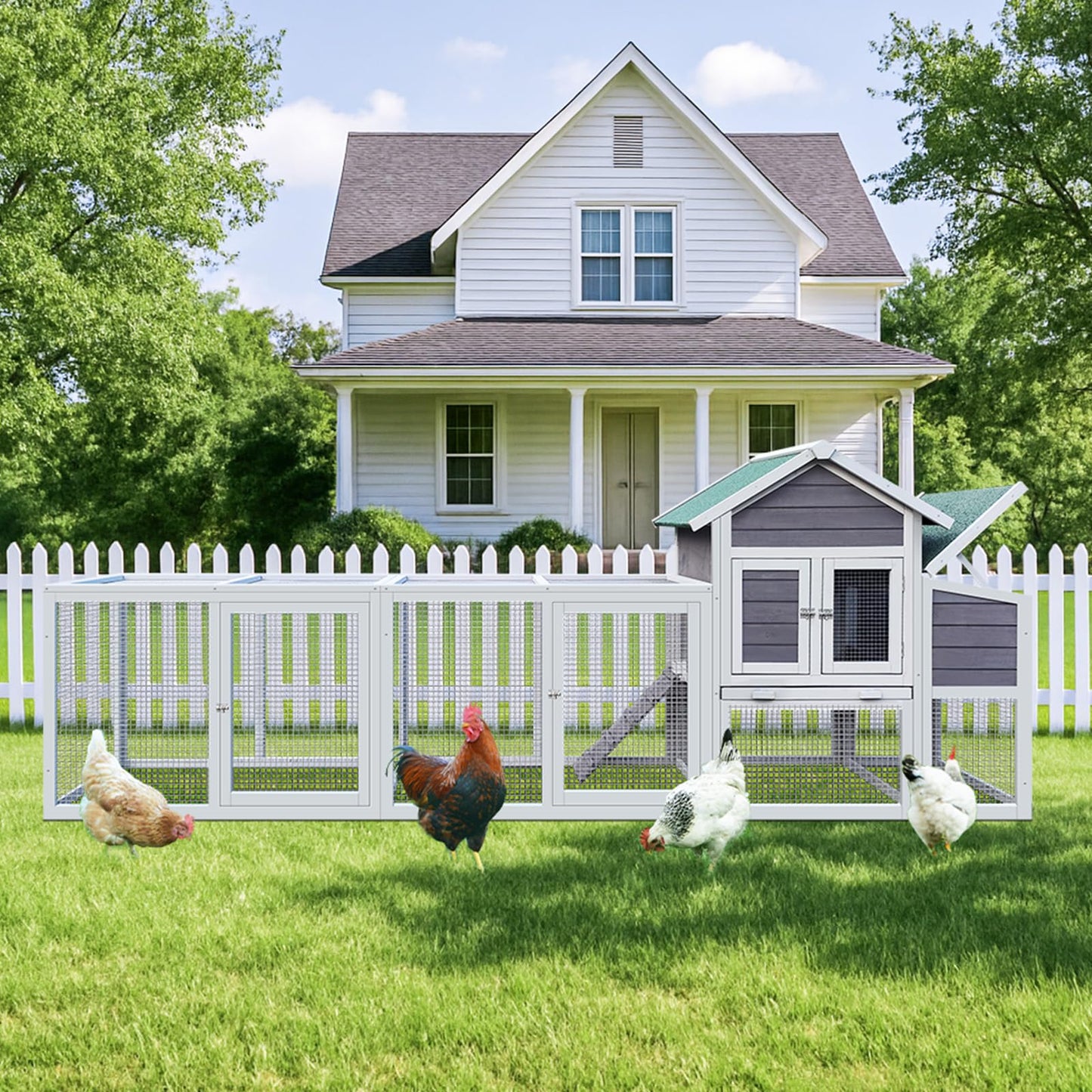 Yafylly 122" Wooden Chicken Coops for 3-4 Chickens, Outdoor Chicken Coop with Run, Nesting Box, Perch, Ramp, Sliding Tray, Waterproof Roof, Poultry Cage Duck Coop Rabbit Hutch for Backyard, Gray