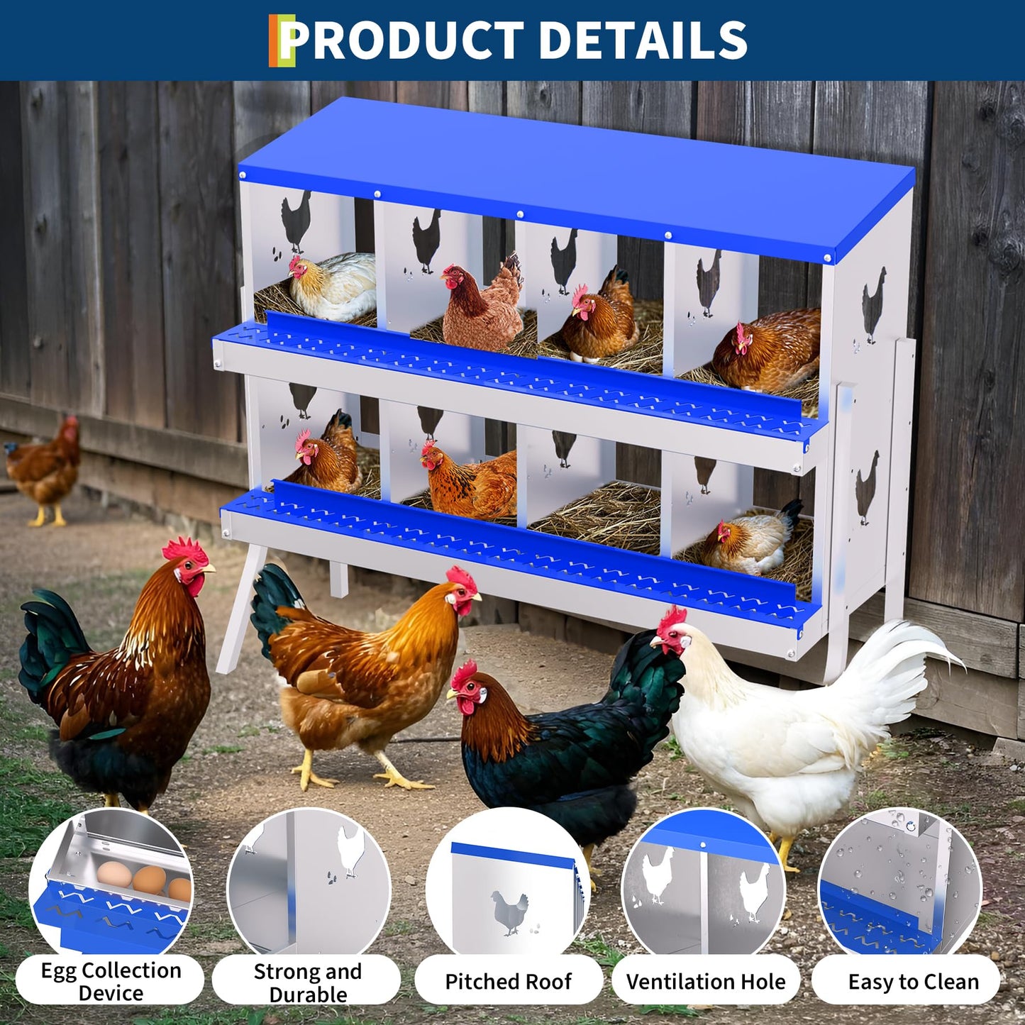 Garvee Chicken Nesting Box with Removable Tray, 8 Compartment Nesting Boxes for Chickens, Easy to Clean and Install, Chicken Laying Boxes for Chicken Coop to Protect Eggs - with Bracket Legs, Blue