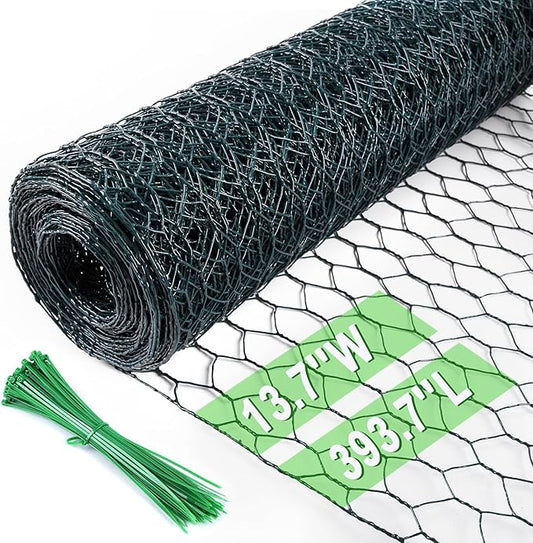 Chicken Wire 13.7 in x 393.7 in Poultry Wire Netting Hexagonal Galvanized Mesh Garden Fence Barrier for Pet Rabbit Chicken Fencing with 100 Pcs Cable Zip Ties(PVC-Coated)