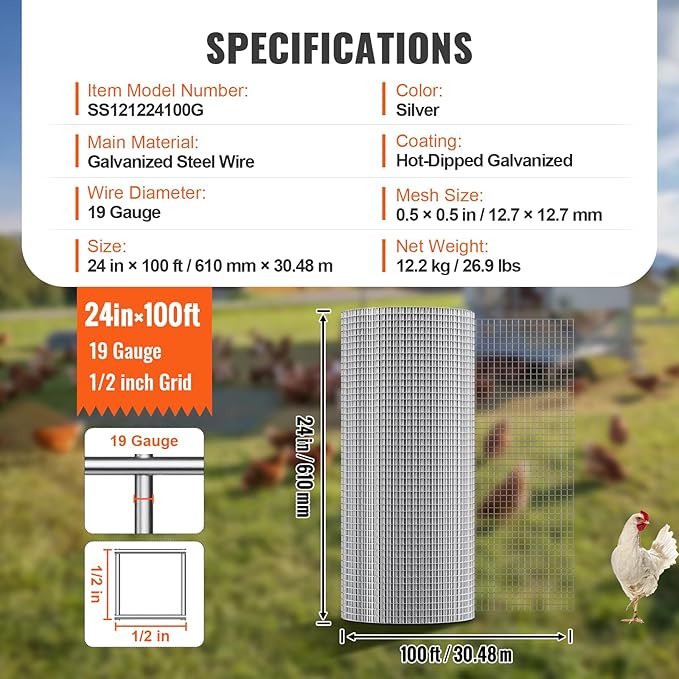 VEVOR Hardware Cloth, 1/2 inch 24in x 100 ft 19 Gauge, Hot Dipped Galvanized Wire Mesh Roll, Chicken Wire Fencing, Wire Mesh for Rabbit Cages, Garden, Small Rodents