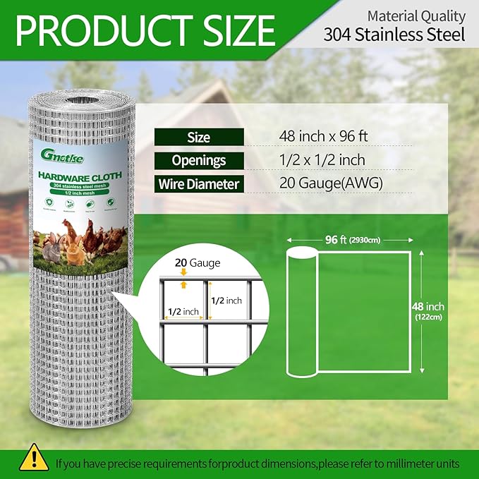 Hardware Cloth 1/2 inch 20 Gauge Large Size 304 Stainless Steel mesh Chicken Wire Welded Fencing Wire Mesh Roll Garden Fence 48in×96ft