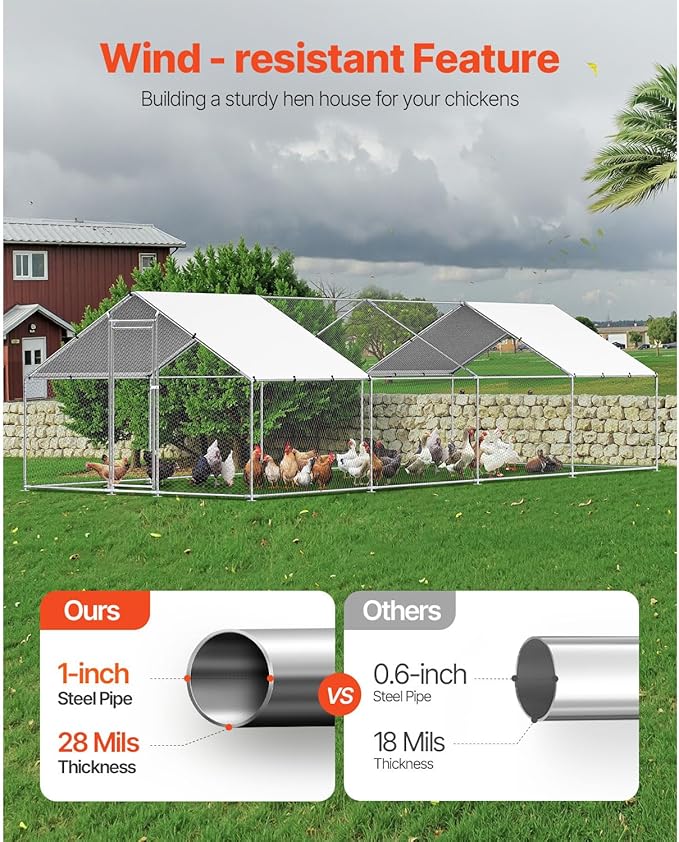 VEVOR Large Metal Chicken Coop with Run, 9.8x26.5x6.5 ft Walk-in Chicken Runs for Yard with Cover, Spire Roof Hen House with Security Lock for Outdoor and Backyard, Farm, Duck Rabbit Cage Poultry Pen