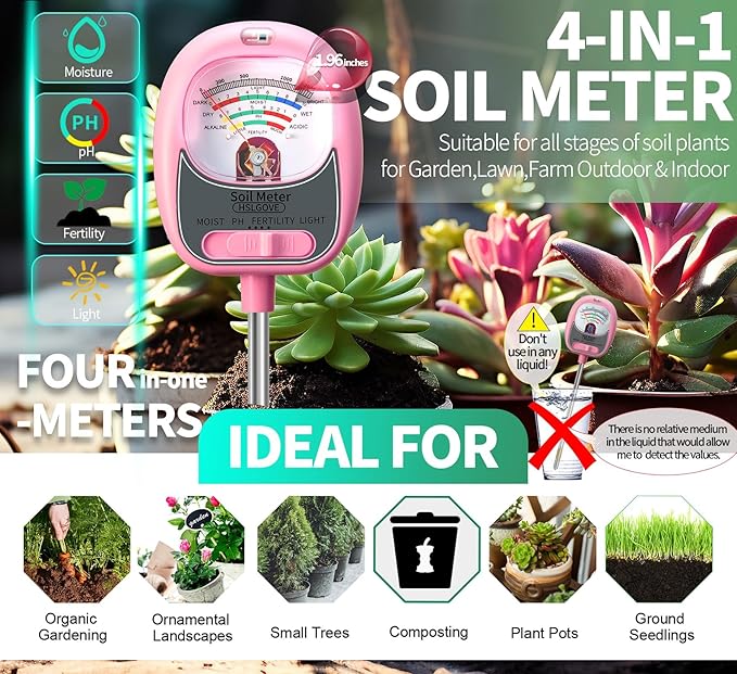 HSLGOVE Soil Test Kit,4-in-1 Soil Moisture Meter,Soil PH Meter/Fertility/Sun-Light, Large Dial Soil Tester-MilkPink