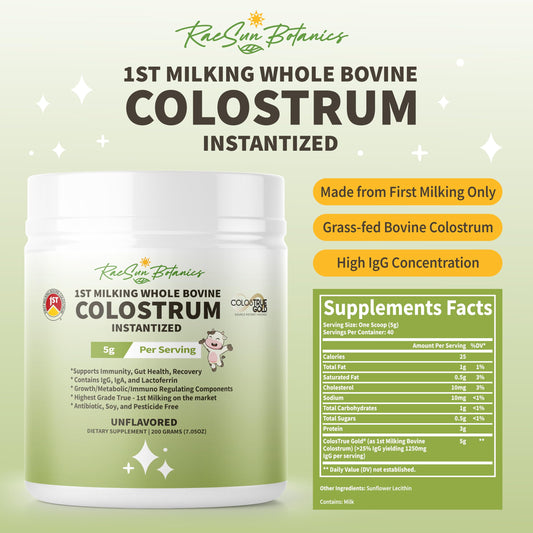 RaeSun Botanics Grass-Fed Bovine Colostrum 5000mg w/Colosture Gold | 1st Milking, 25% IgG, Lactoferrin & IGA | Antibiotic, Soy & Gluten Free | Instantized Formula