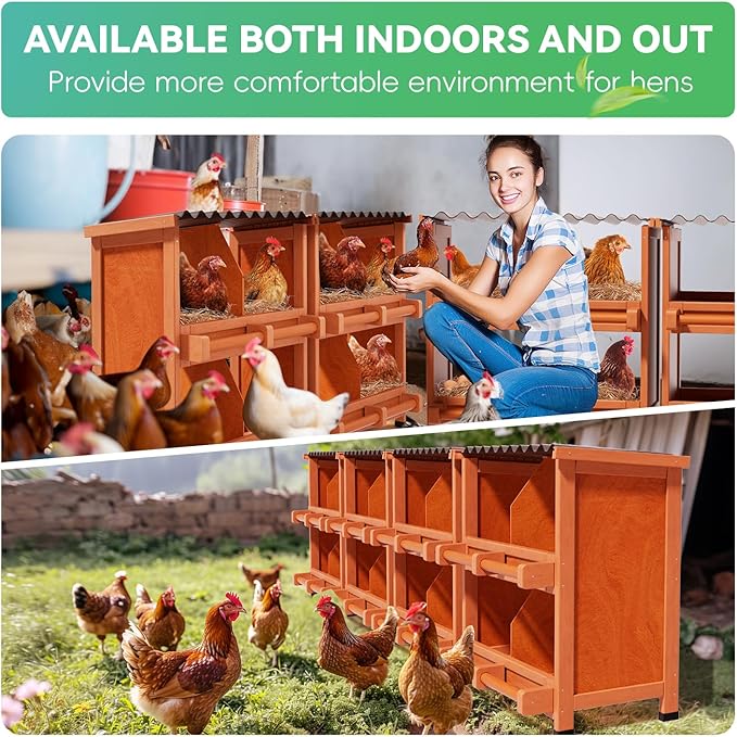 Chicken Nesting Box with Slanted Roof, Wooden Laying Box for Hens & Ducks, Heavy Duty & Easy to Clean, All Weather Backyard Coop Accessory for Egg Collection(8 Compartment)