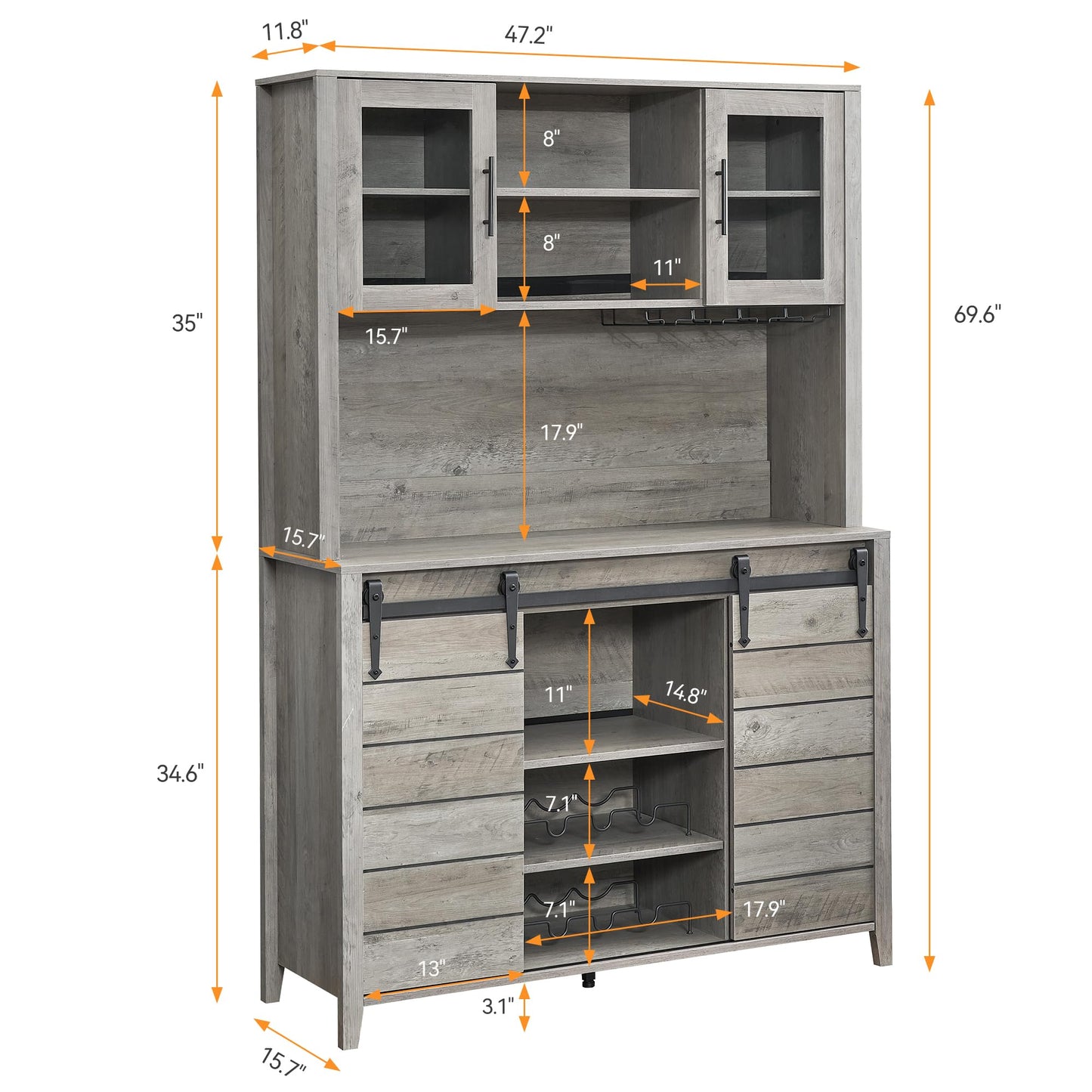 GAOMON Farmhouse Bar Cabinet with Sliding Barn Door, 70" Rustic Buffet Cabinet with Storage Shelves, Liquor Cabinet with Wine and Glasses Rack, Sideboard Cupboard for Kitchen, Dining Room, Gray