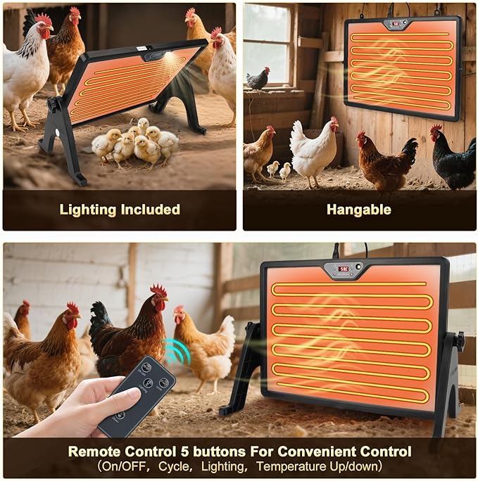 Chicken Brooder Heater with Stand, 180W Chicken Coop Heater with Temperature Control Display and Remote Control, Heat Plater for Chicks Young Poultry, Black Frame