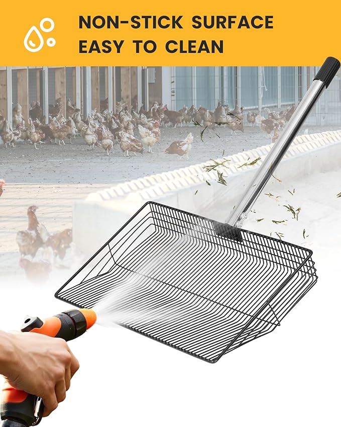 15" Extra Large Chicken Poop Scooper with Ergonomic Grip, Adjustable Length (24.6"–76.6"), Metal Sifting Shovel with Holes for Chicken Coop Cleaning, Multifunctional Chicken Manure Scoop