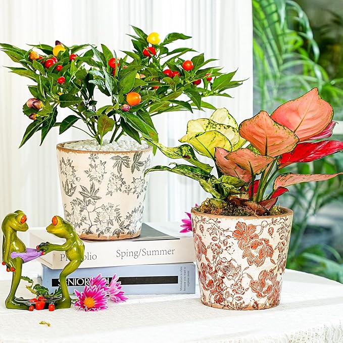Sungmor Vintage Ceramic Plant Pots, Set of 3 Pretty Ice Cracked Glaze Ceramic Flower Pots, 5.5in. Herb Planters with Drainage Hole, Tuscan Planters for Indoor Outdoor Plants, Home Garden Decor Pot