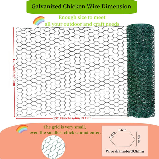 Chicken Wire for Floral Arrangements, 15.75" x 157.48" Green Floral Chicken Wire Mesh, 0.6" Anti-Rust Hexagonal Galvanized, PVC Coated Hardware Cloth Metal Netting for Crafts Poultry Garden Fencing