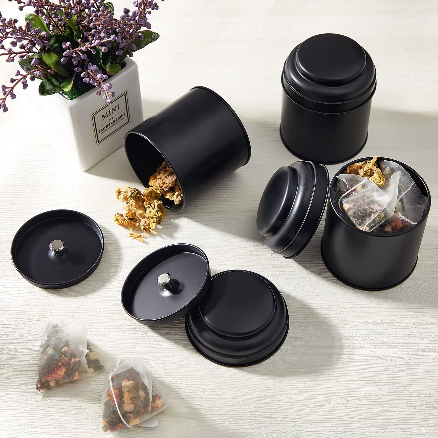 Meanplan 12 Pcs Tea Tin Canister with Airtight Double Lids 8 oz Round Tin Can Box Small Kitchen Tea Canister Loose Leaf Storage Containers for Loose Bags Coffee Sugar Candy Spices(Black)