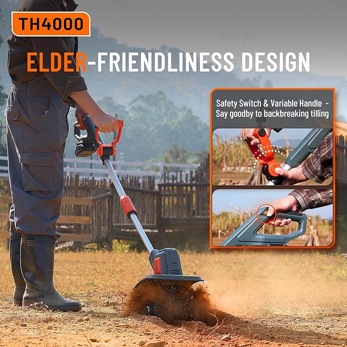 Cordless Tiller for Gardening 360 RPM Rototiller TH4000 Cultivator TaskStar Electric Garden Tiller Battery Powered Total 4000mAh,48 Heavy-Duty Steel Tines for Smooth Ground Breaking,Tending,Composting
