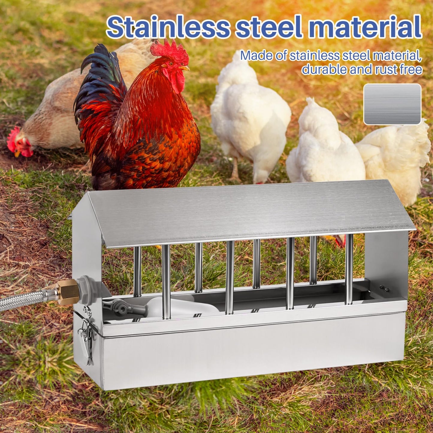 Automatic Chicken Waterer Stainless Steel Large Metal Chicken Waterer System Poultry Waterer Dispenser with Float Valve Kit Hose Accessories for Pigeon, Duck, Goose