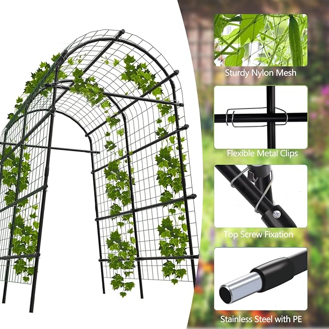 7.5FT Garden Arch Trellis with Netting, Heavy Duty Metal Climbing Plant Support, Adjustable 35''-45'' Wide Pergola Arbor for Vines, Flowers & Outdoor Wedding, Black