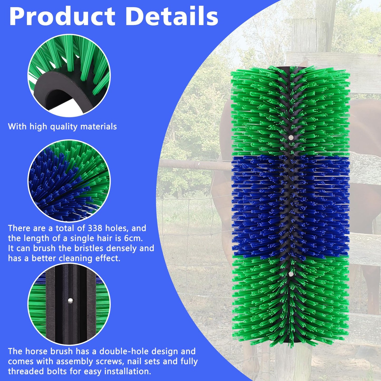 Livestock Scratching Brush,Horse Brushes for Grooming,Itch Relief Horse Scratcher Brushes Kit with Two Sets of Mounting Screws for Goat Cattle Cow Sheep Pig,1 Pack