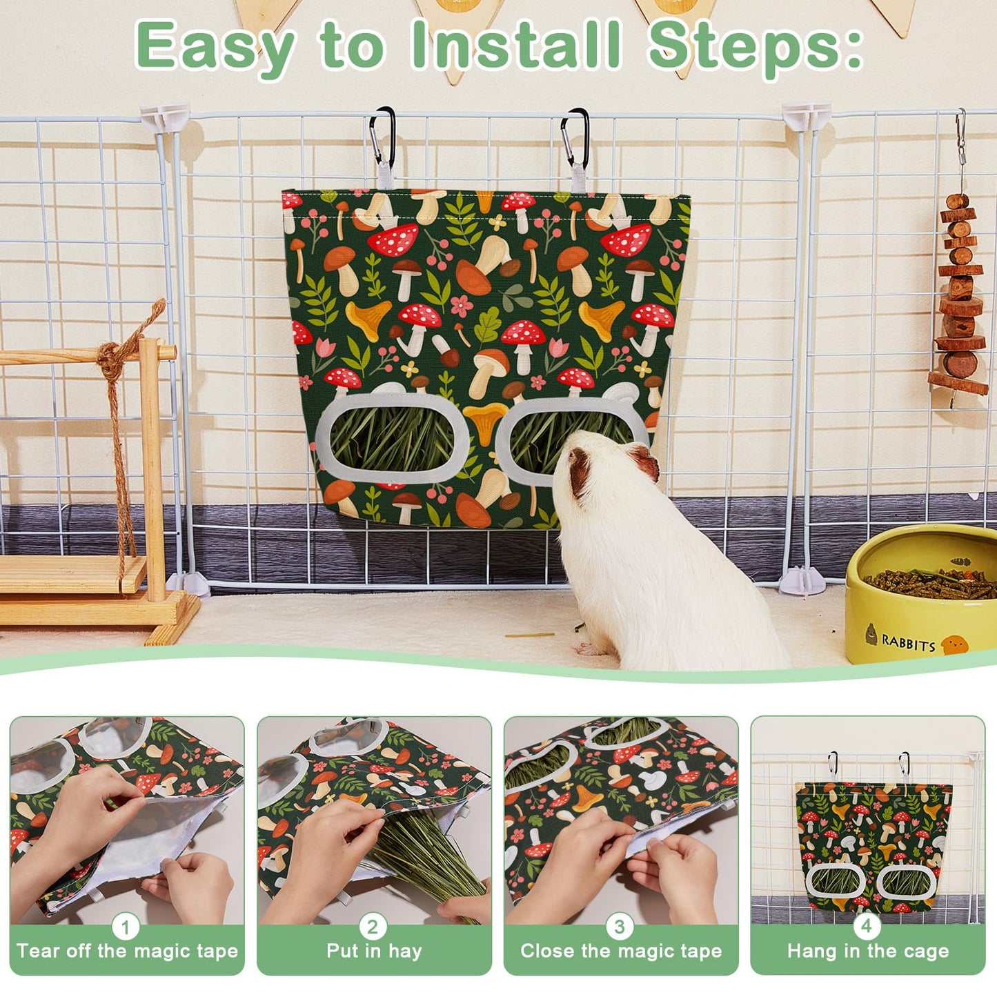 Glittme 2 Pack Guinea Pig Hay Feeder, 11.5x9 Inch Hay Bag for Rabbits, Hanging Hay Holder for Guinea Pigs Cage Hay Feeder for Bunny, Small Pets,Green Mushroom