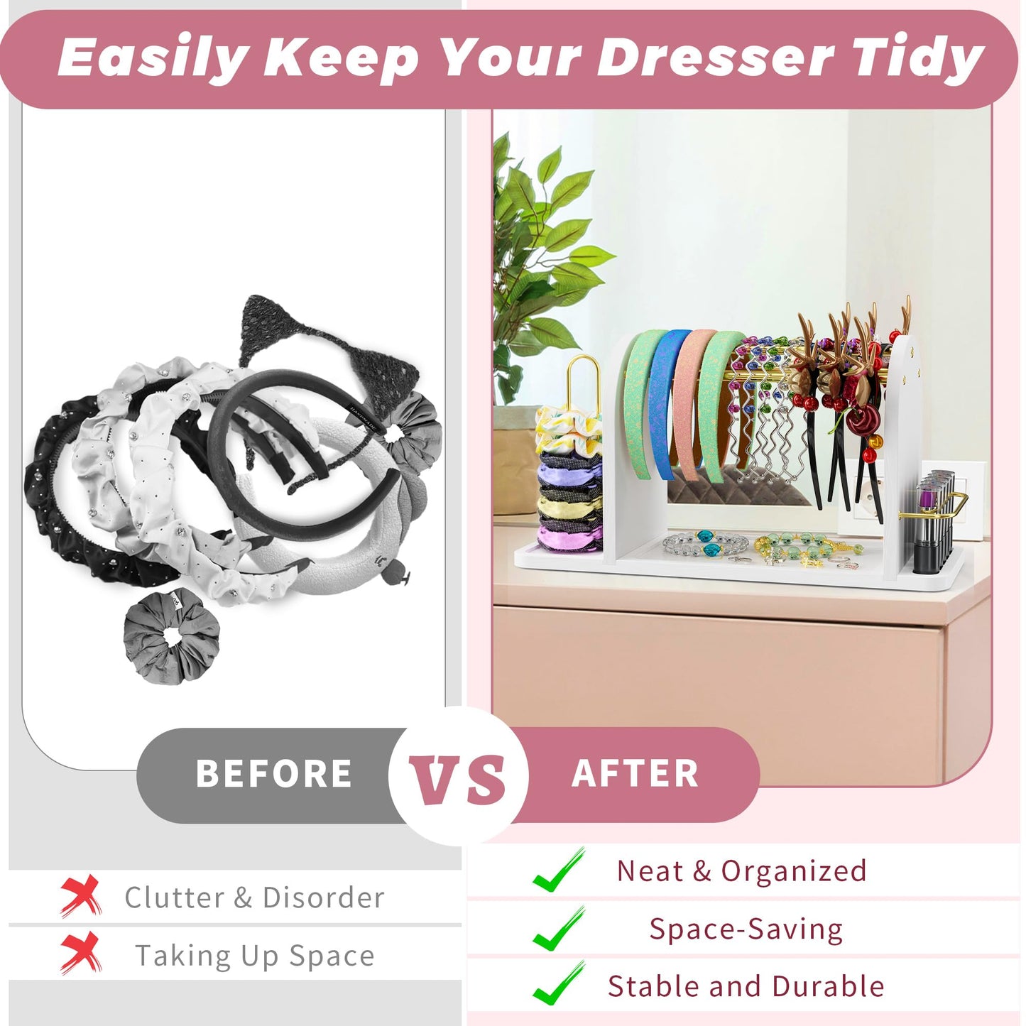 BEGULF 3 In 1 Headband Holder Organizer for Women, Versatile Headband Storage, Metal Headband Stand with Wood Base and Scrunchie Holder, Headband Display for Hair Accessories, Jewelry (White)