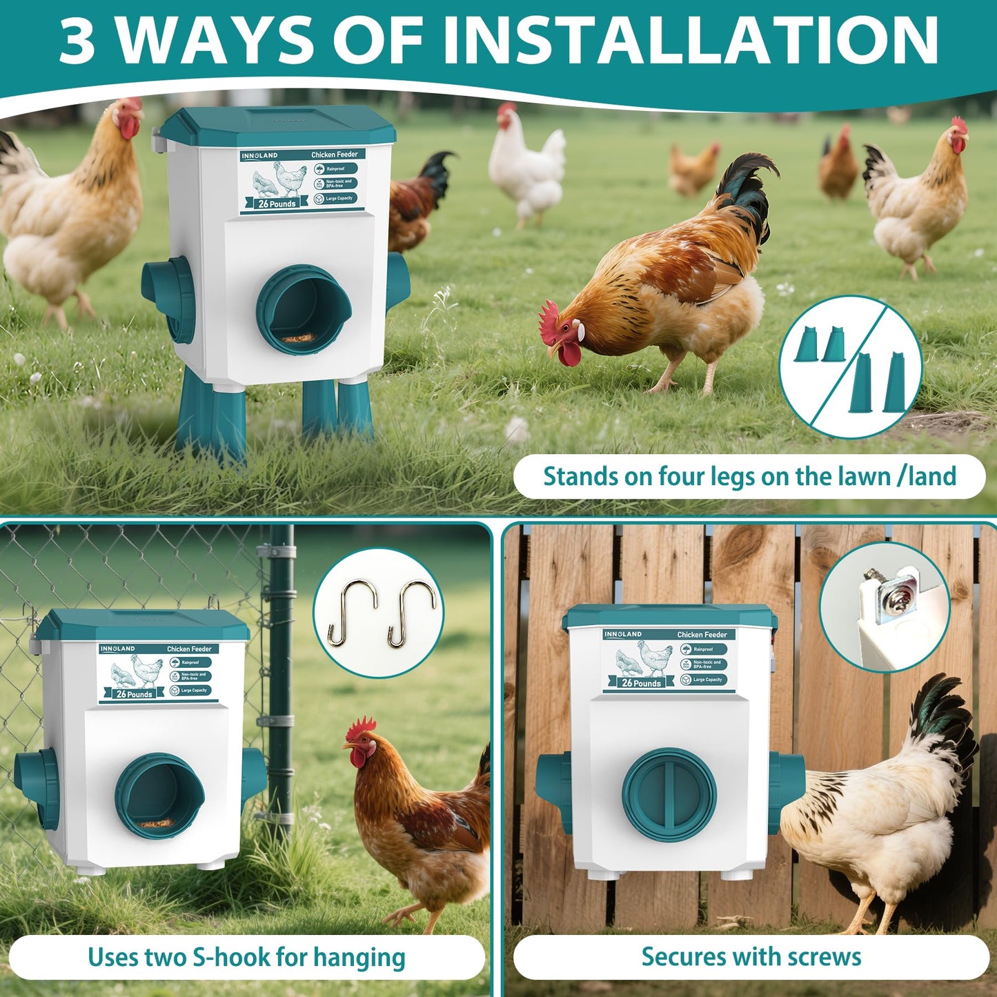 Chicken Feeder and Waterer Set - 3 Gallon/26.5 Pounds, Automatic Chicken Waterer with 4 Cups & 3 Feeder Ports, No Waste Poultry Feeder & Waterer, Chicken Coop Accessories for Hens/Ducks/Poultry