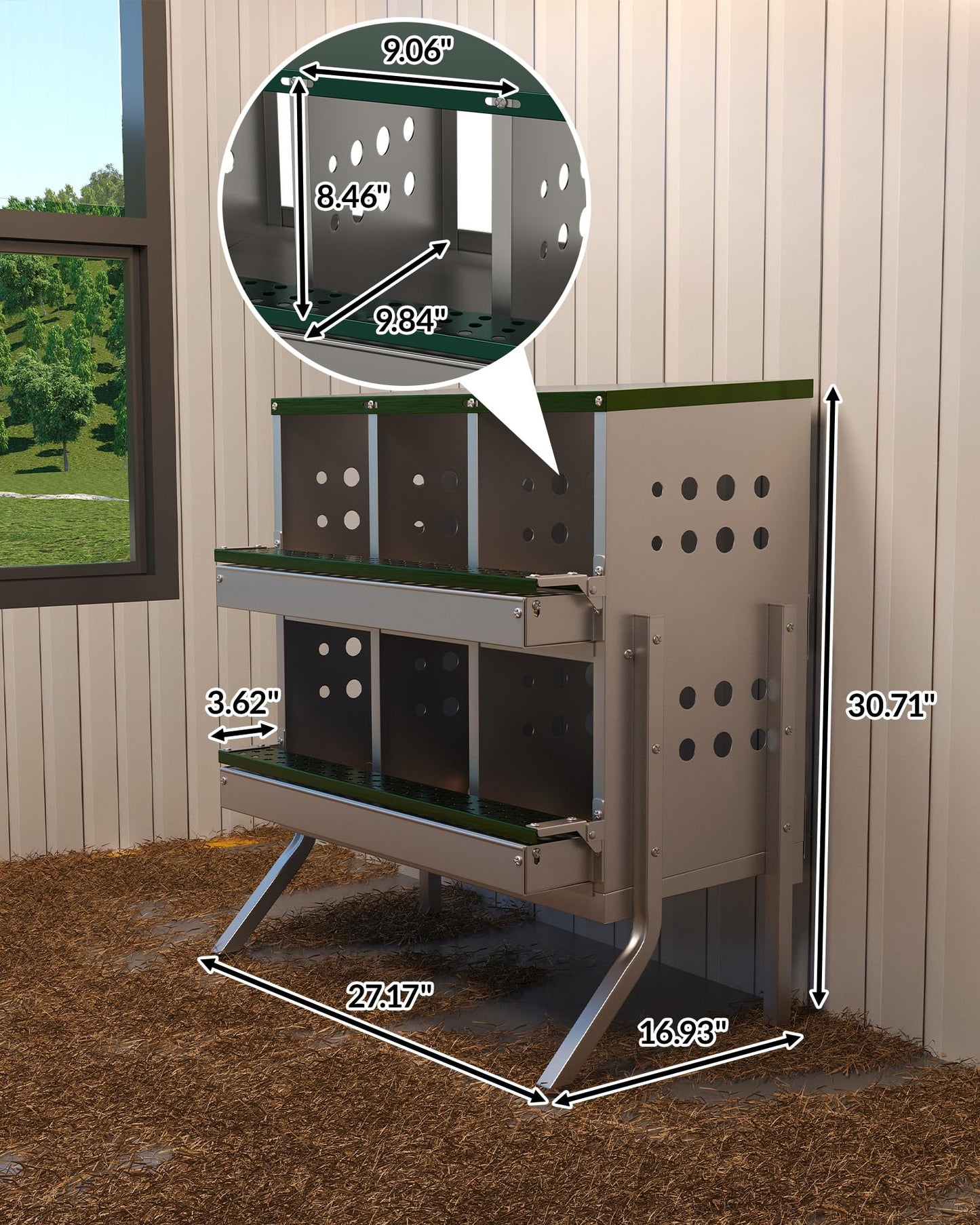 GarveeLife Wall-mountable Roll Away Metal Chicken Nesting Box for Laying Eggs, Rustproof Chicken Laying Boxes for Hens, Ventilated with Perch, Waterproof, 6 Compartments with Legs, Green