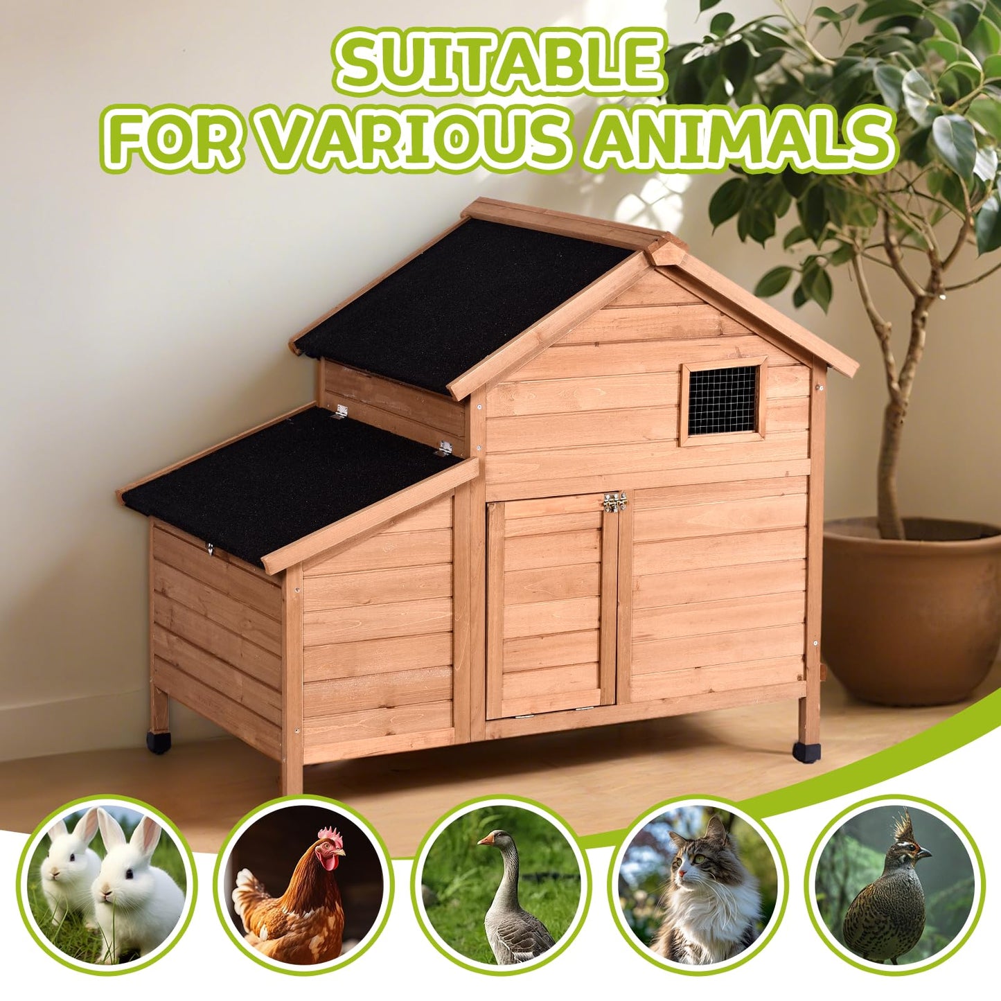 Narkula Outdoor Chicken Coop, Duck House with Nesting Box/Pull Out Tray/Secure Doors, Wooden Small Chicken Cage Weatherproof/Ventilation, 42.91" x 38.58" x 28.74", Brown