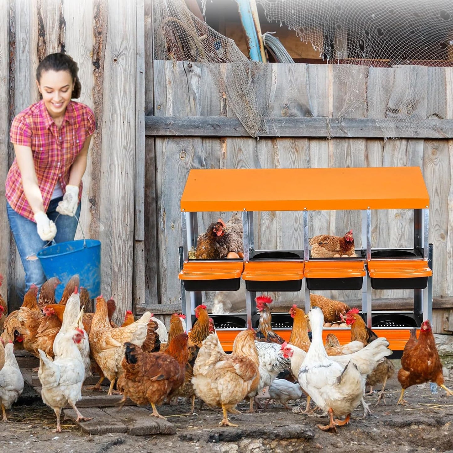 8 Hole Chicken Nesting Box, Nesting Boxes for Chickens Roll-Away Egg Collection System with Ventilation Holes Rustproof Plastic Tray & Keyhole Mounting, Chicken Laying Box for Hen & Duck with Leg