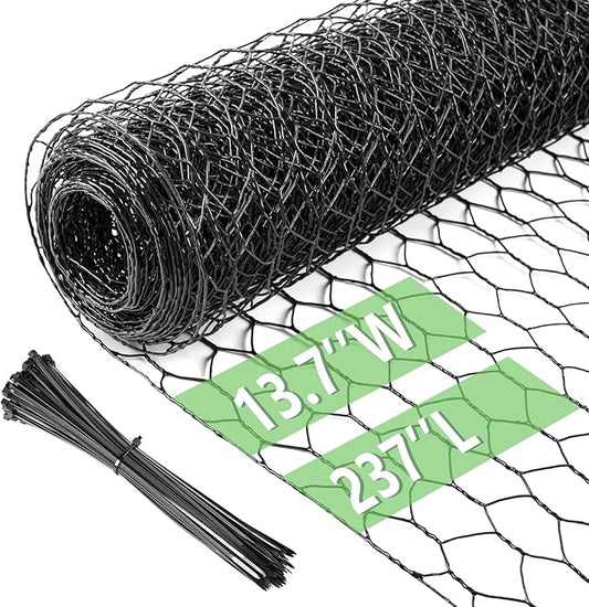 Chicken Wire 13.7 in x 237 in Poultry Wire Netting Hexagonal Galvanized Mesh Garden Fence Barrier for Pet Rabbit Chicken Fencing with 100 Pcs Cable Zip Ties(PVC-Coated)