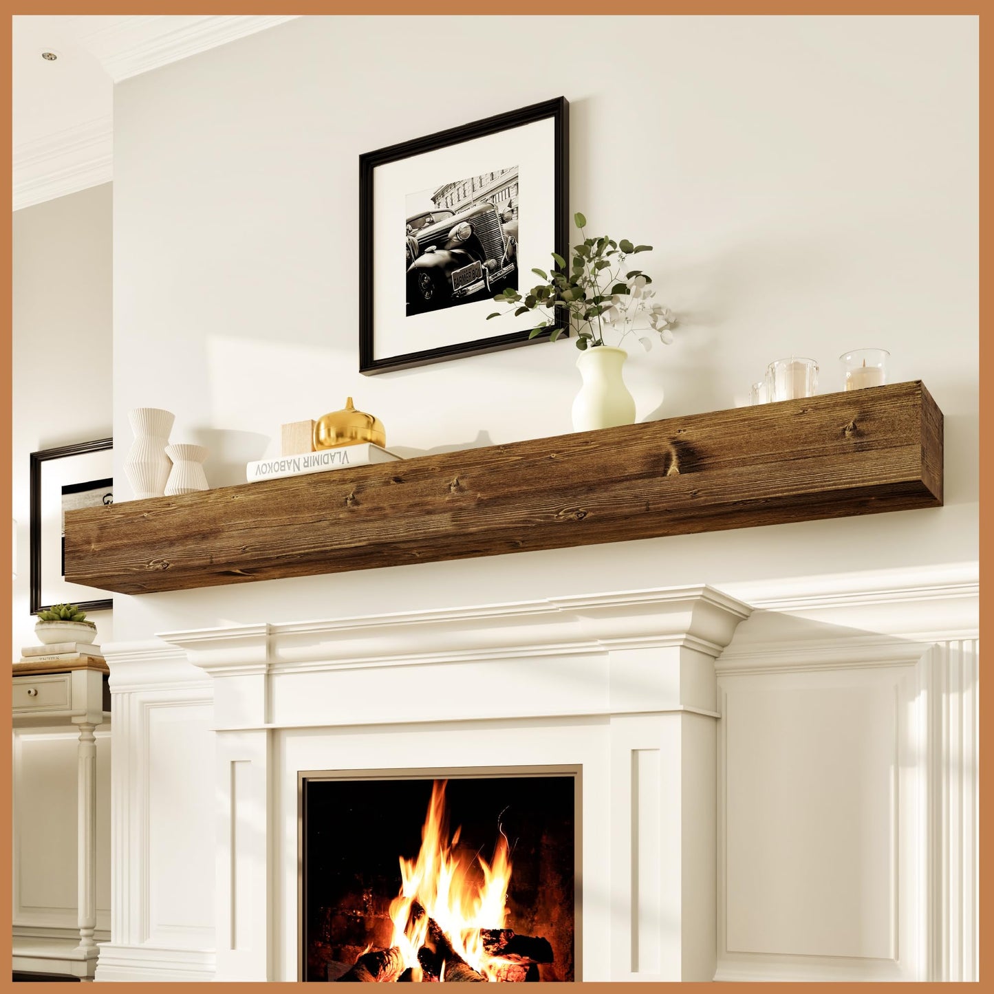Avana Rustic Fireplace Mantle Shelf - 84 Inches, Handcrafted Wood - Decorative Wall Shelf for Home - Farmhouse Mantel Decor - 84 X 8 X 5 - Rustic Traditional