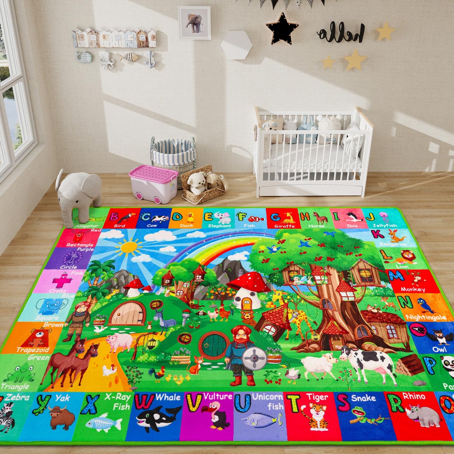 ABC Kids Rug for Playroom 78.7"×59" Hobbit House Educational Kids Playmat Alphabet Animal & Shape Learning, Premium Non-Slip Playmat for Toddlers Letters Farm Animals Color Foam Classroom Carpet