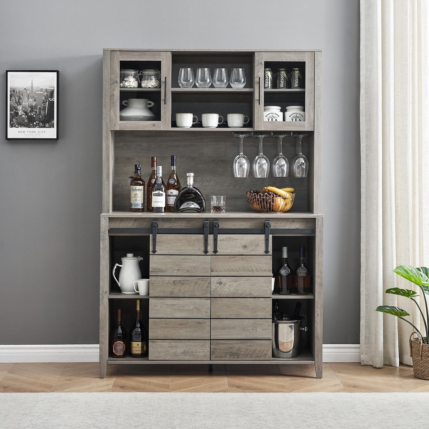 GAOMON Farmhouse Bar Cabinet with Sliding Barn Door, 70" Rustic Buffet Cabinet with Storage Shelves, Liquor Cabinet with Wine and Glasses Rack, Sideboard Cupboard for Kitchen, Dining Room, Gray