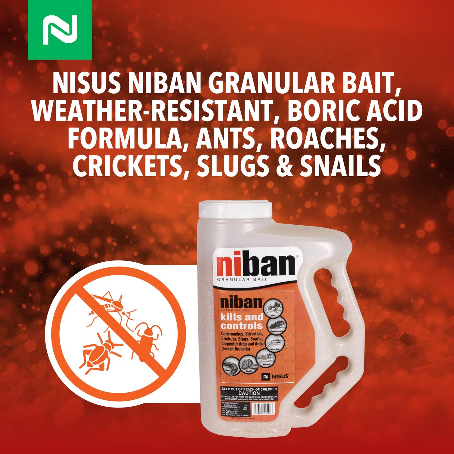 Nisus Niban Granular Bait, Weather-Resistant, Boric Acid Formula, Ants, Roaches, Crickets, Slugs & Snails, Indoor/Outdoor Use, 4 lbs