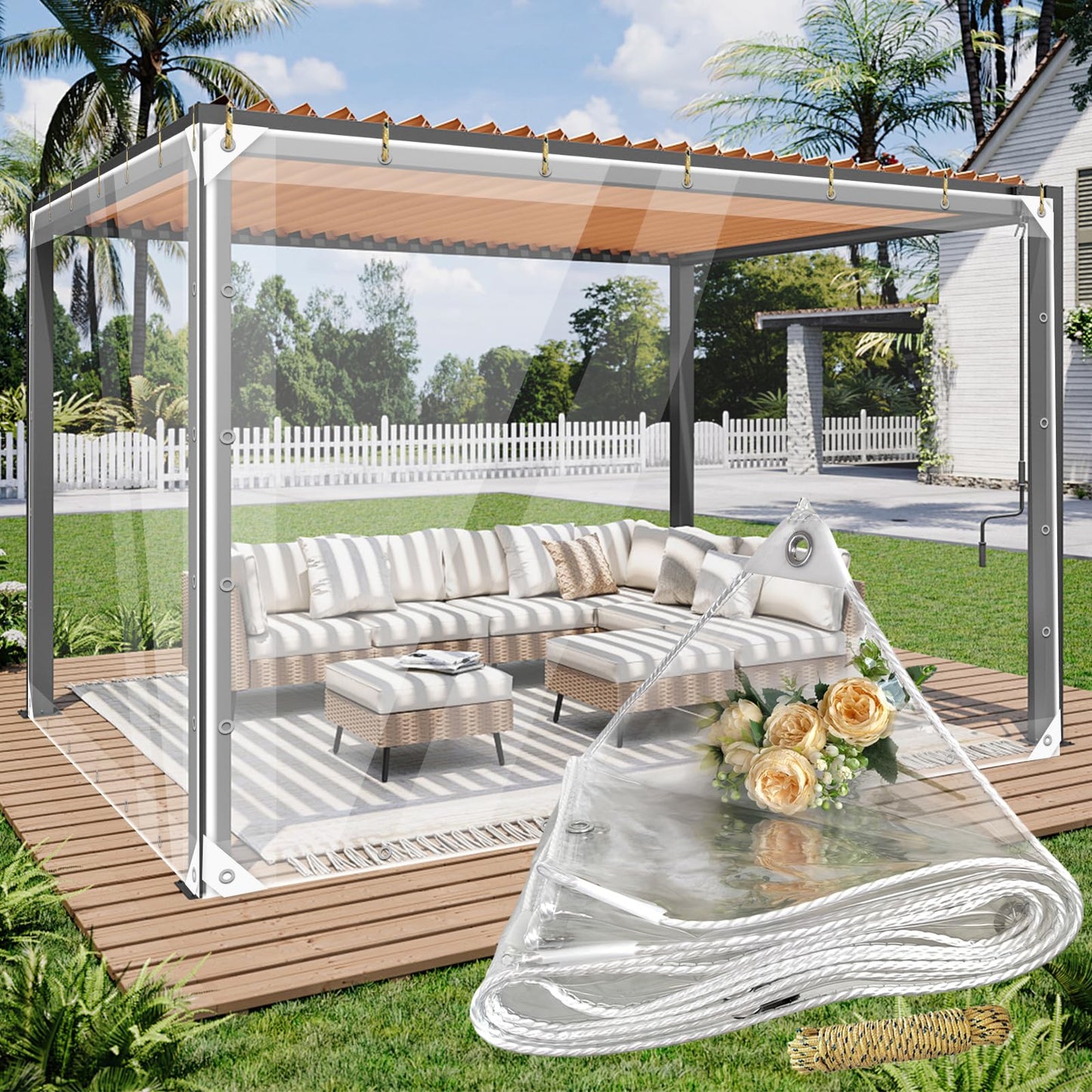 Clear Tarps Heavy Duty PVC, Transparent Tarp Durable Waterproof Dustproof Windproof, Tarpaulin with Grommets & Ropes for Greenhouse, Patio, Garden, Pavilion, Chicken, Porch, Outdoor(12' x 20')