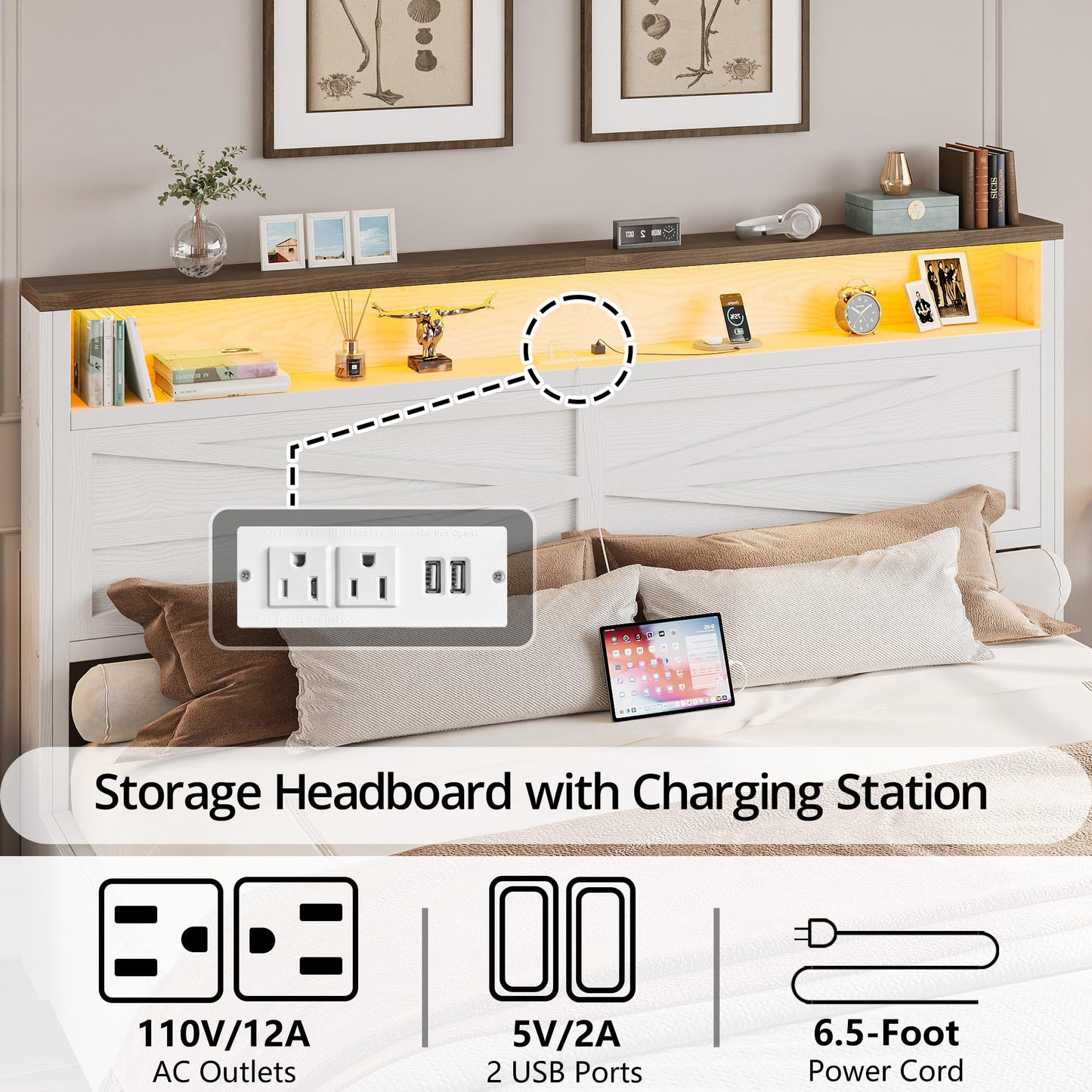 IRONCK Farmhouse King Size Bed Frame with LED Light and Charging Station, Wood Bed Frame with Storage Headboard and 2 Drawers， Barn Door Design, Sturdy and Noiseless, White