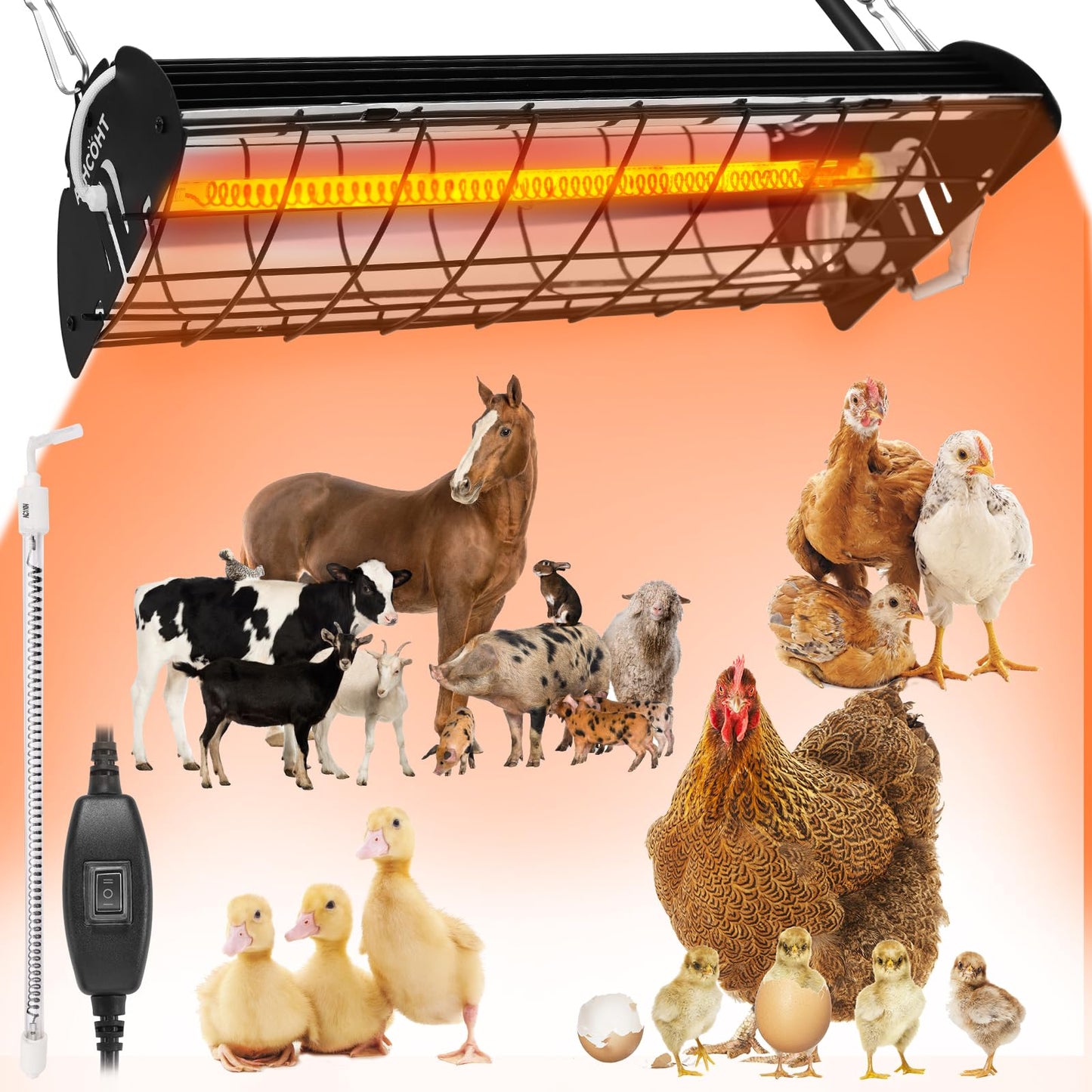 Large Chicken Coop Heater Lamp, 400W Carbon Fiber Heating Plate, Adjustable Temperature & Height, Safe Overheat Protection, Ideal for Poultry, Chicks, Livestock & Pets