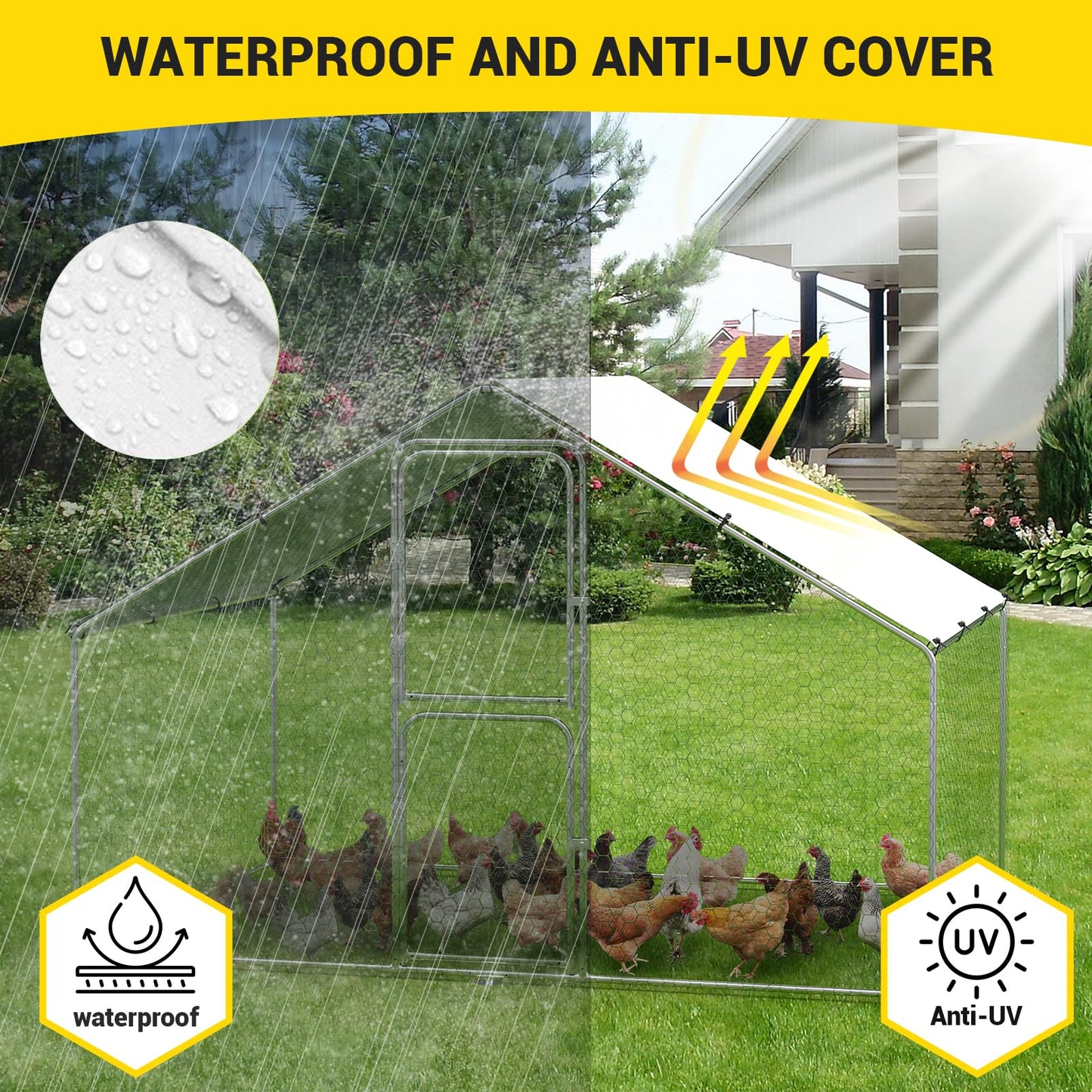GarveeLife Large Metal Chicken Coop with Waterproof and Anti-UV Cover, Walk-in Poultry Cage, Chicken Pen, Outdoor Chicken Run for Backyard Farm Use, 9.8x6.5x6.5 FT