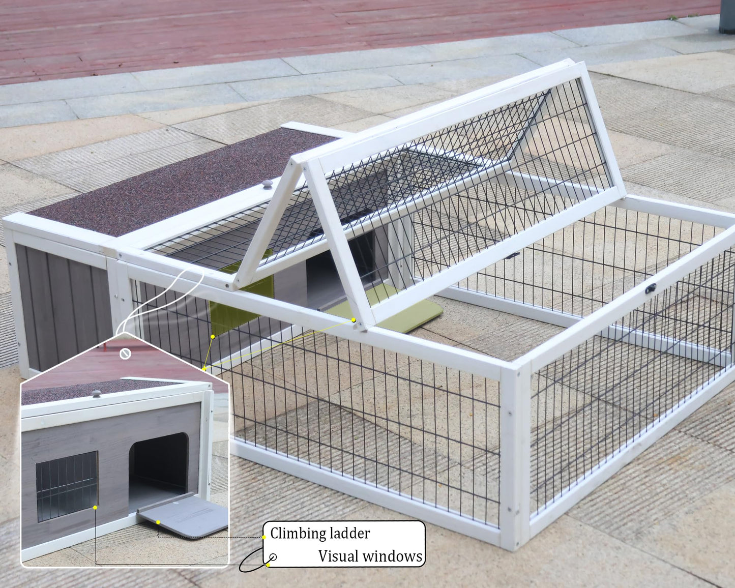 Tortoise House Habitat Wooden, Chicken Coop with Run Rabbit Hutch Small Animal Hutch Enclosure Indoor/Outdoor-Grey + White Trim