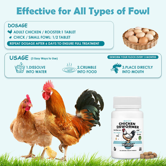 Chicken Dewormer - 120 Tablets All-Natural Formula, US-Made Chicken Dewormer Supplies For All Ages and Sizes to Relieve and Prevent Worms in Laying Hens, Chicks, Roosters, Turkeys, and Other Poultry
