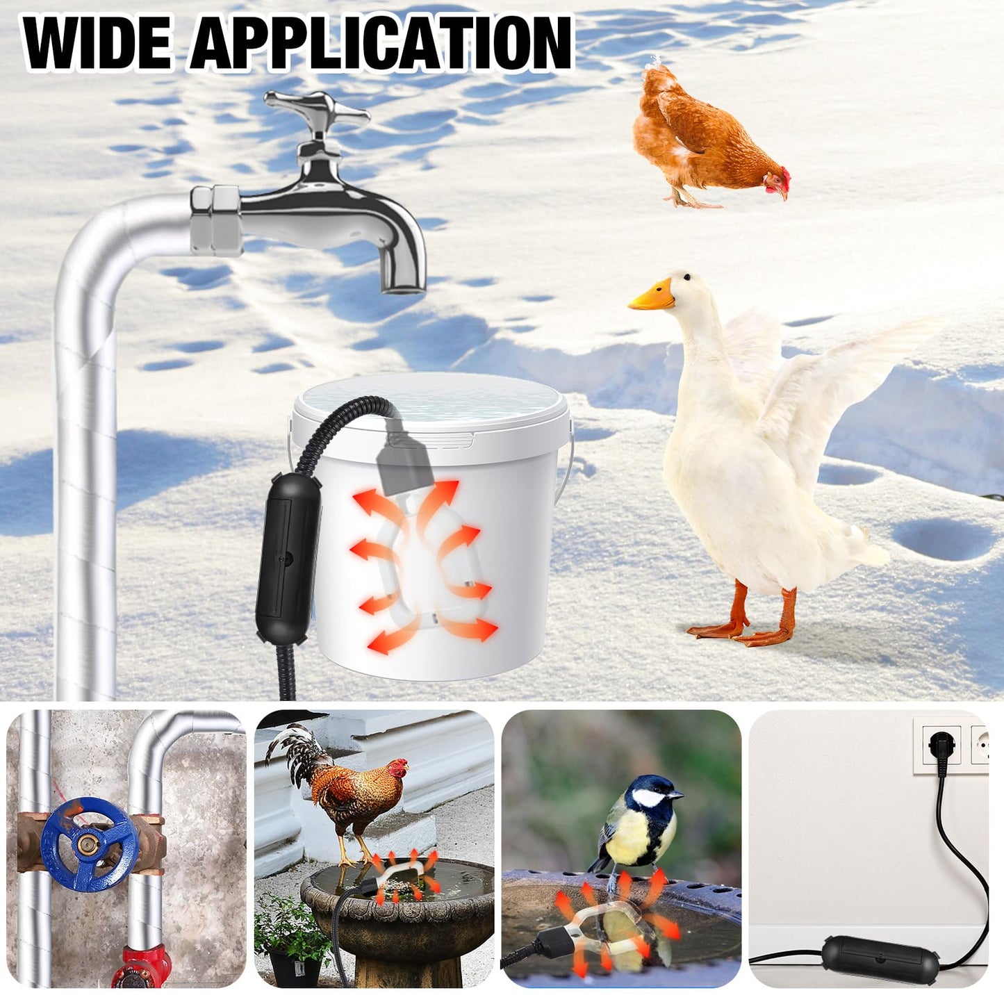 Relaxweex 3 Pcs Waterer Heater 500W Submergible De icer and Pipe Insulation Tape Wrap Outdoor Extension Cord Cover for Winter Cow Sheep Horse Chicken Bird Livestock Poultry Tank Heater Drinking
