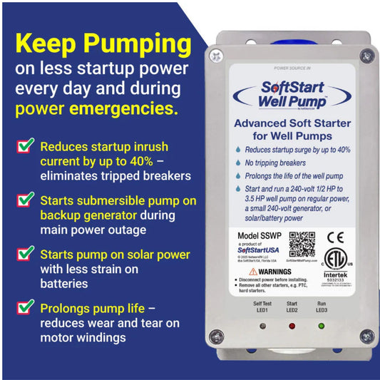 SoftStart Well Pump – Well Pump Soft Start Controller Reduces Inrush Current by 40% – Works with 0.5–3.5 HP 240V Submersible & Deep Well Pumps – Generator & Solar Ready – CE/ETL Listed