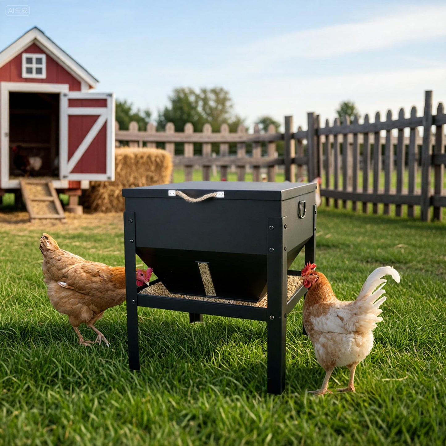 KOL 80LBs Chicken Feeder No-Waste, Galvanized Steel Large Capacity Chicken Feeder, Portable Poultry Feeder with Waterproof Lid for Hens and Roosters, Coops & Outdoors