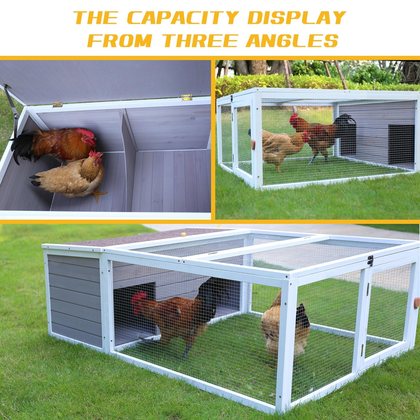 Chicken Coop with Run, 60” Rabbit Hutch with Cover Outdoor, Large Tortoise Habitat Pet Cage Wood Small Animal Poultry Cage Run with Waterproof Asphalt & Openable Roof and Side Door
