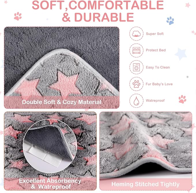 Reginary 4 Pcs Waterproof Guinea Pig Blankets Washable Small Animal Fleece Bedding Absorbent Guinea Pig Cage Liners Reusable Pet Pee Pad Sleep Mat for Hamster Ferret(Cute Star Pattern,24 x 16 Inch)
