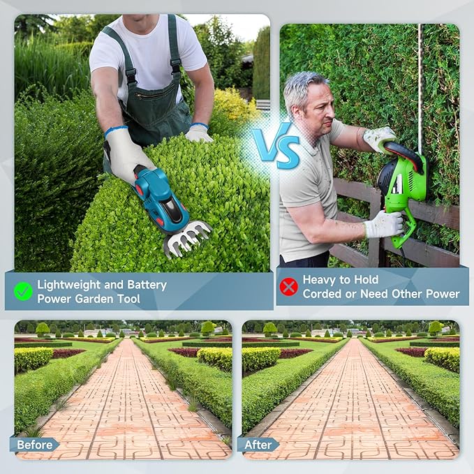 DODOWIN Hedge Trimmer Cordless, 2 in 1 21V Handheld Electric Weed Shears and Bush Trimmer, with 1 Rechargeable Batteries 1 Charger, Garden Tools Gift for Men, Dad, Husband Christmas Stocking Stuffers