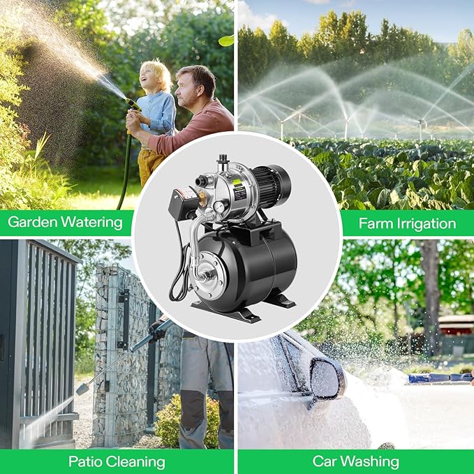 VIVOSUN 1.6 HP Shallow Well Pump with Pressure Tank, NSF Certified, 1320 GPH, Stainless Steel, Automatic Water Booster Jet Pump with Two Adapters for Home, Garden, Lawn