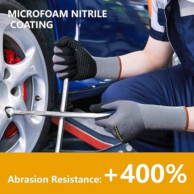 Tarantula Safety Work Gloves MicroFoam Nitrile Coated 12 Pairs,Endurance Seamless Knit Nylon,Dots on Palm,Dot Grip Gloves,Medium