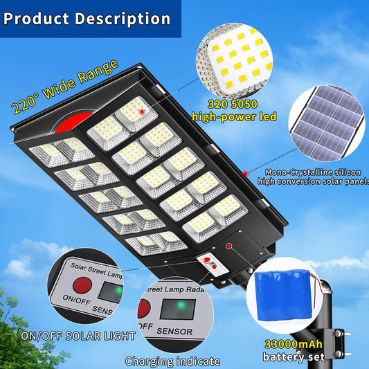 Ofuray Of-6000W Solar Street Lights Outdoor,400000Lm Solar Streets Light Parking Lot Lights Commercial Dusk to Dawn, 6500k Waterproof Led with Remote Control Motion for Street,Court,Barn