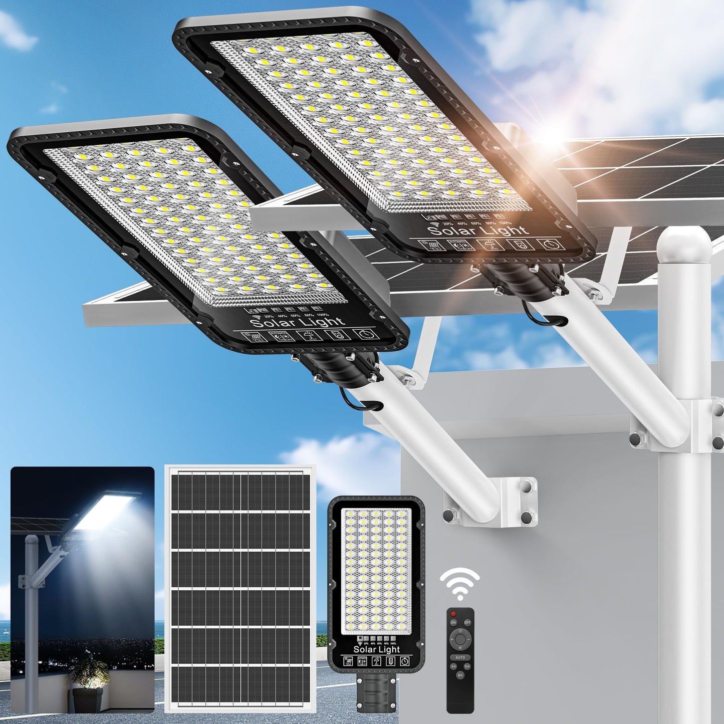 WYWNA 2 Pack 8000W +2PACK 6000W Solar Street Lights Outdoor - 6500K Solar Parking Lot Lights Commercial Dusk to Dawn, Heavy Duty Split Type LED Solar Street Light Remote Control