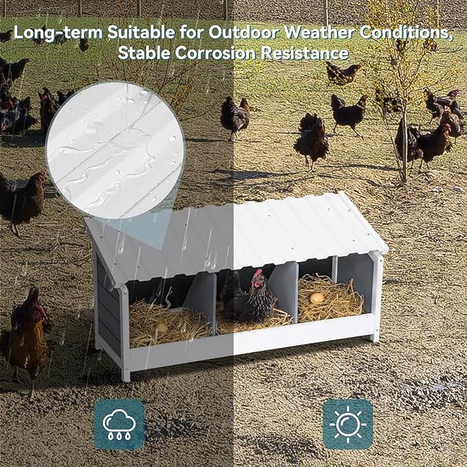 PETSFIT 3 Holes Chicken Nesting Box-All Weather PVC Roof, Natural Wood Design with Privacy Back Panel for Hens-Wall Mounted or Floor Use in Coops, Farms, Backyards,Easy to Assemble and Clean